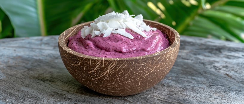 Delicious blueberry coconut smoothie bowl in a coconut shell bowl photo