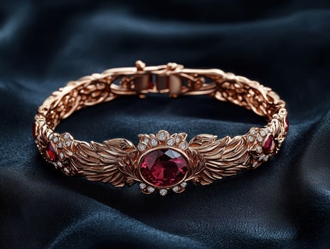 Elegant rose gold bracelet with rubies and diamonds on dark silk photo