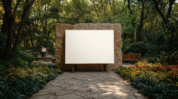 Blank canvas mockup in a garden setting photo