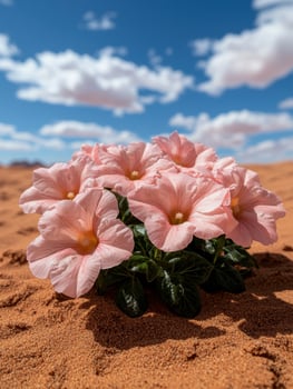 Pink flowers blooming in the desert sand under a bright blue sky photo