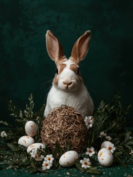 Adorable bunny rabbit surrounded by Easter eggs and flowers photo