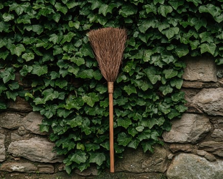 A rustic broom leans against a stone wall covered in lush green ivy photo