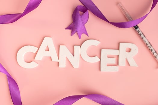 White letters spelling out the word cancer lie on a pink surface next to purple ribbons and a syringe. World cancer day concept photo