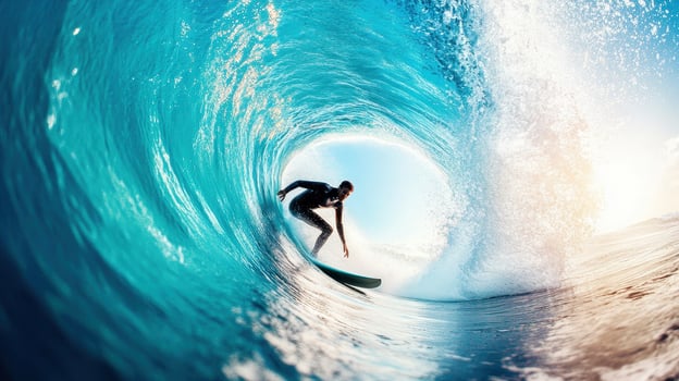 surfer skillfully rides inside glassy wave, showcasing beauty of ocean sports. vibrant blue water creates stunning backdrop photo