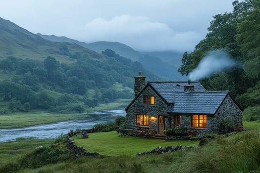 Cozy stone cottage overlooking scenic river valley in the evening. photo