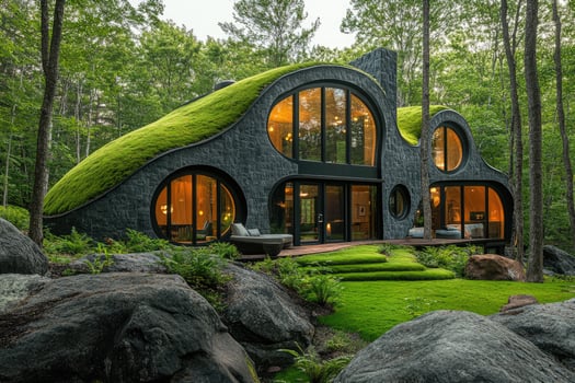 Mushroom house blending with nature in a forest photo