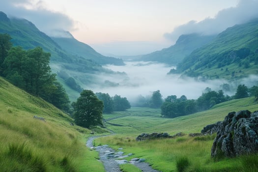 Stunning sunrise illuminating foggy valley in the lake district national park photo