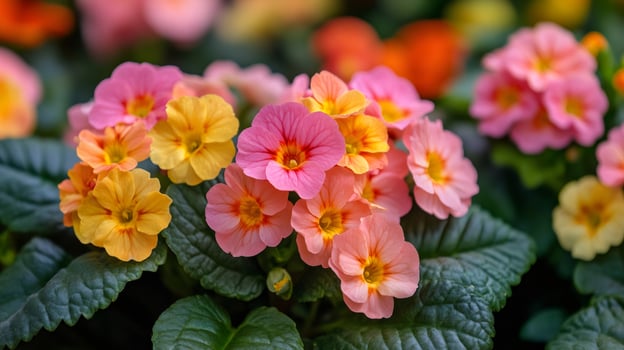 Colorful primrose flowers blooming in garden, spring season photo