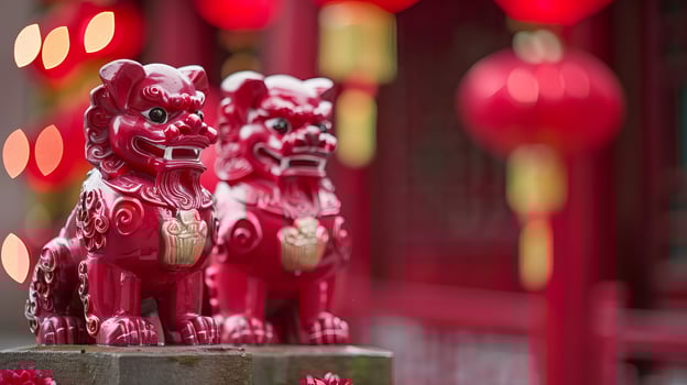 Traditional red fu dogs in vibrant chinese lantern festival setting photo
