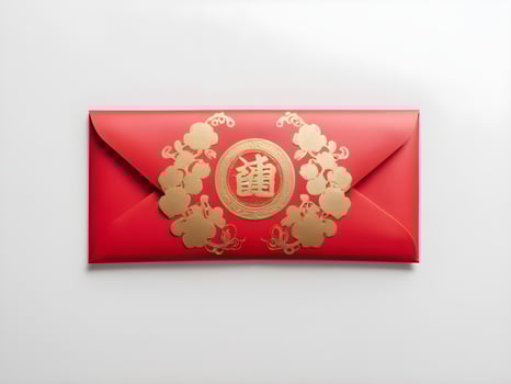 A simple red envelope hongbao rests on a pristine white surface, with ample space in the background for text. photo