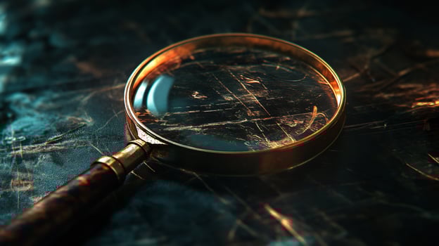Aged magnifying glass on scratched metallic surface. photo