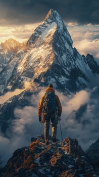 Mountain Climber Summit View Majestic Peaks Adventure Scene photo