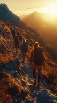 Hikers on a mountain trail at sunset golden light, adventure trekking photo