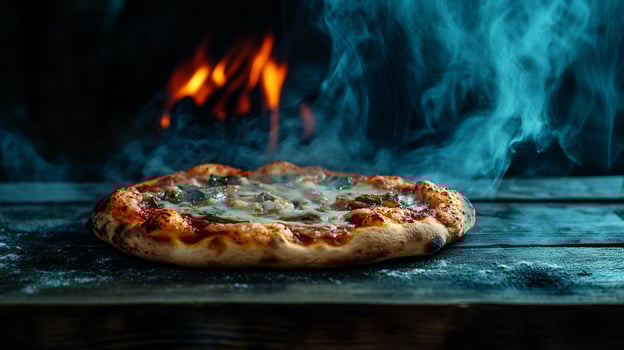 Wood-fired pizza with basil and ambient firelight photo