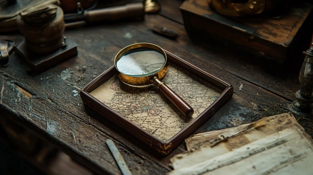 Vintage magnifying glass on a rustic wooden desk scene photo