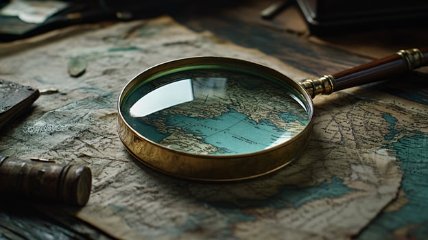 Magnifying glass focusing on antique world map paper. photo