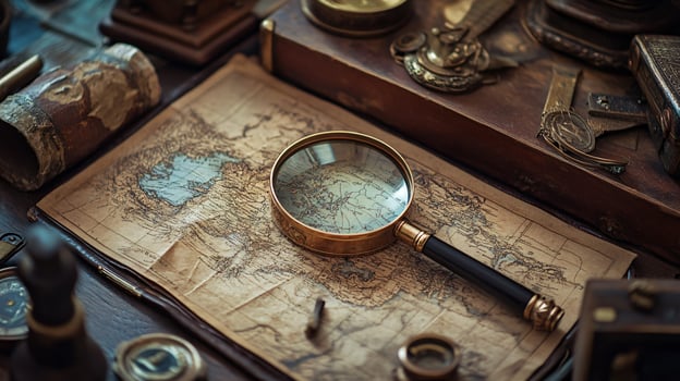 Vintage magnifying glass on old-world map exploration photo