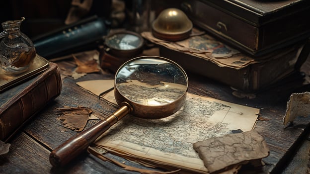 Antique magnifying glass on aged map and papers photo
