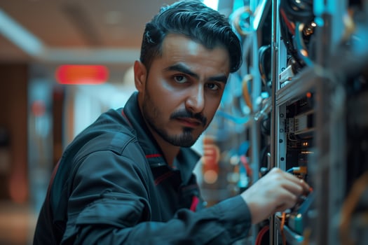A man in a black shirt is working on a computer photo
