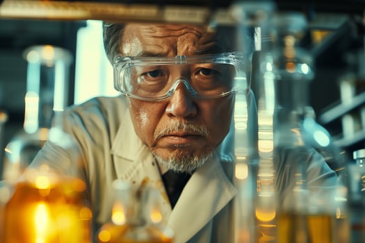 An asian man in a lab coat and glasses photo