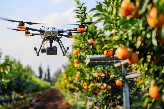 Advanced agricultural drone technology in orange orchard for precision farming and crop monitoring photo