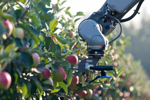 Robotic arm harvesting apples in an orchard during sunrise photo