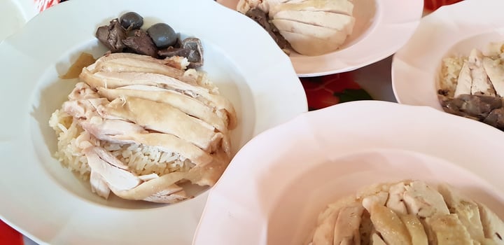 Hainanese chicken rice or steamed chicken with white rice on white plate for sale and serving customer. Thai people call Khao Man Kai. Asian food style. photo