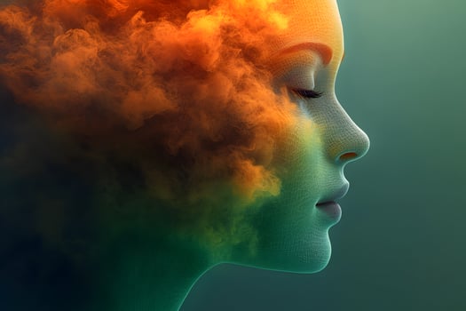 Dreamlike Portrait of Woman's Face with Abstract Colorful Smoke Art Concept for Design photo