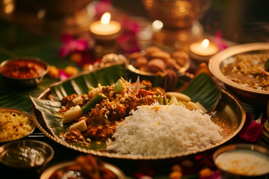 Traditional indian feast on banana leaves depicting authentic culinary art. Neural network photo