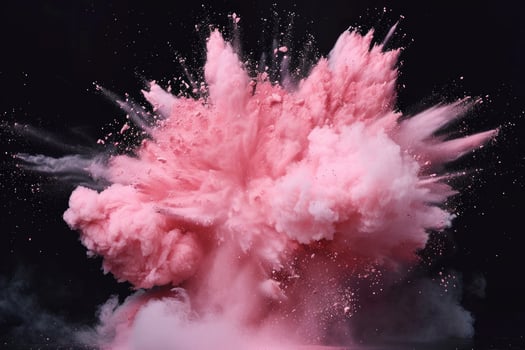 Pink powder burst captured mid-air on black background. Neural network photo