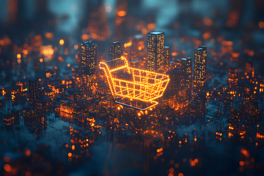 Digital Shopping Concept with Futuristic Cityscape Illuminated by Shopping Cart Icon photo