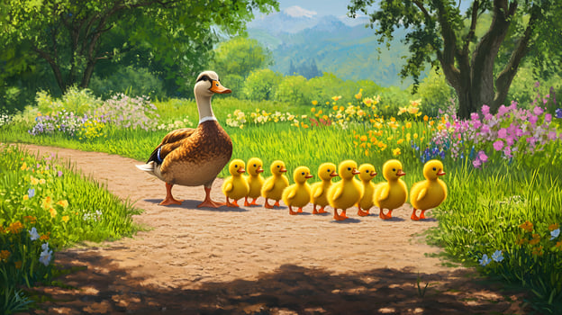 Mother duck leads ducklings on spring path, idyllic valley photo