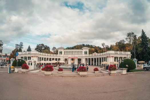 Kislovodsk, Russia - October, 2022 Colonnade at the entrance to the park. Kislovodsk is spa city in Caucasian Mineral Waters region of Stavropol Krai. photo