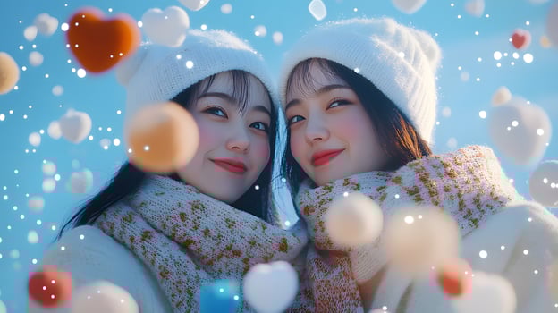 Winter friends smiling, hearts falling, snowy sky, Valentine's photo