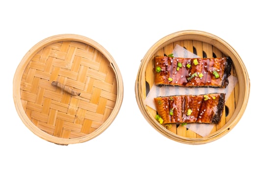 Unagi eel, Japanese grilled eel with sweet soy sauce isolated on white background. top view photo