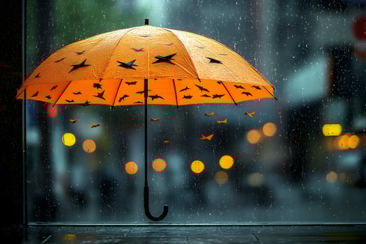 Rainy Day Urban Scene with Orange Umbrella and Bokeh Lights photo