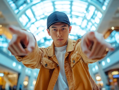 Young man pointing fingers wearing casual clothes inside shopping mall photo