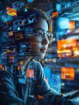 Software engineer analyzing code on transparent digital display in futuristic office photo