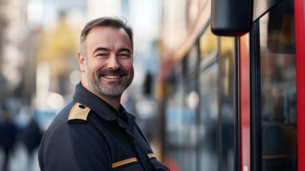 Smiling male bus driver in uniform waiting by the red city bus on a busy street photo