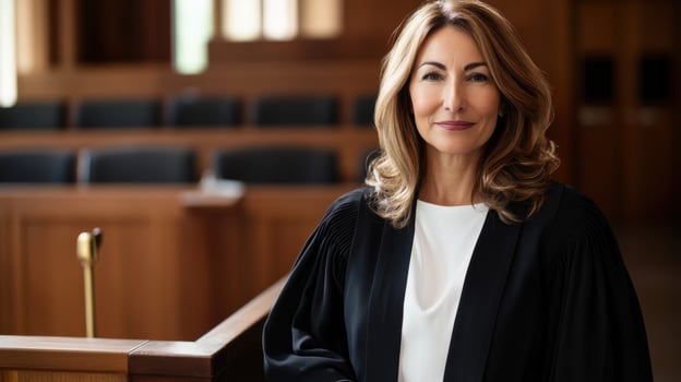 Confident female judge in courtroom representing justice and legal authority photo