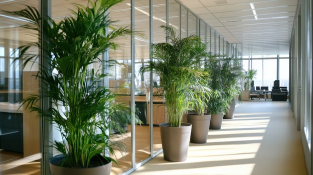 Lush green office plants enhancing modern workspace with natural elements photo