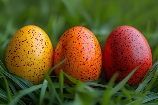 Vibrant Speckled Easter Eggs on Lush Grass for Seasonal Decoration photo