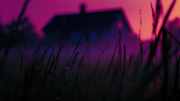 Silhouette of a house at dusk with tall grass in the foreground photo