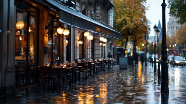 A wet street with tables and chairs in the rain photo