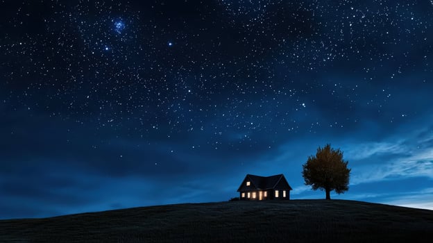 A house sits on a hill under the stars photo