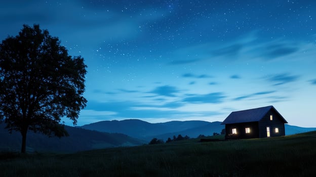 A small house in the middle of a field at night photo