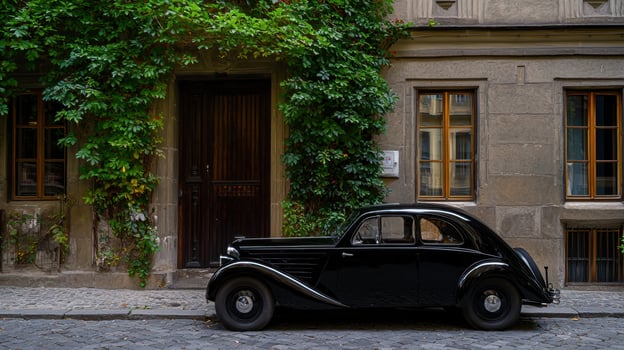 A vintage black car is parked along a narrow cobblestone street next to a historic building adorned with lush green vines, showcasing classic architecture and urban charm photo