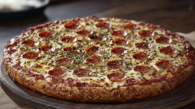A large pepperoni pizza on a wooden table photo