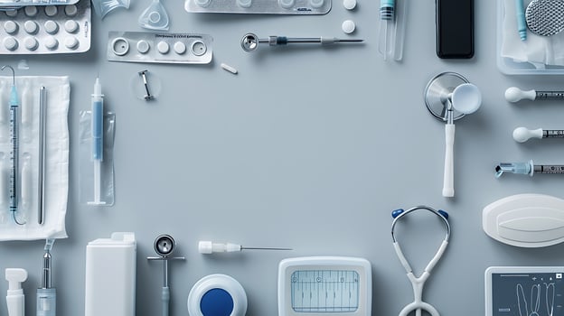 High-Quality Medical Supplies on a Light Gray Background Featuring Syringes, Vials, Stethoscopes, and Various Healthcare Instruments Perfect for Health Industry Use photo