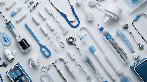 Medical Equipment Collection in Blue and White Colors Spread on Surface for Healthcare and Clinical Use Featuring Diagnostic and Treatment Tools photo
